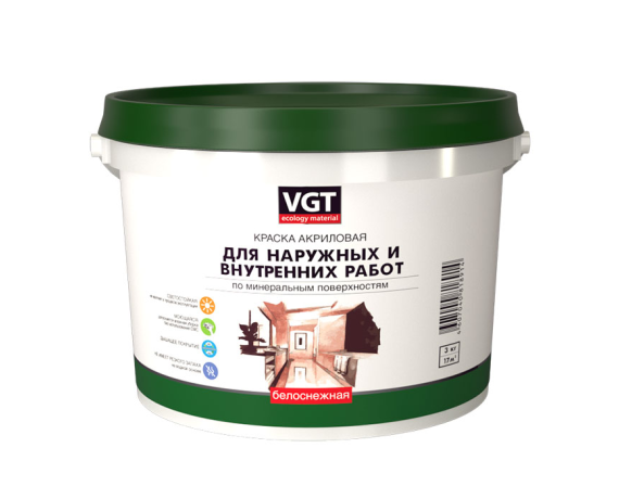 VGT Белоснежная краска ВД-АК 1180 д/нар./внутр. работ моющаяся 3 кг