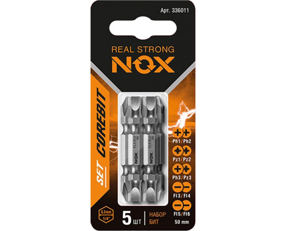 Набор бит SET5  2XPh1xPh2,Pz1xPz2, Ph3xPz3, Tx25xTx30,Hex4xHex5-50, 5шт карта COREBIT NOX/336012