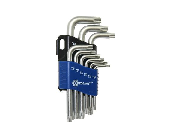 Набор ключей угловых КОБАЛЬТ Tamper TORX T10, T15, T20, T25, T27, T30, T40, T45, T50  Cr-V (9 шт.) б