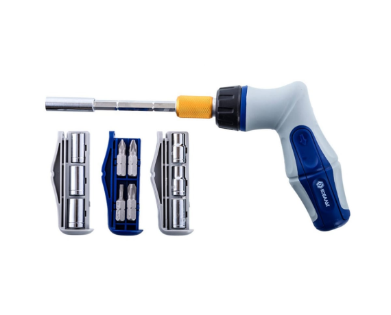 Отвертка реверсивная КОБАЛЬТ Ultra Grip пистолетная, телескопическая, с набором бит и торцевых голов