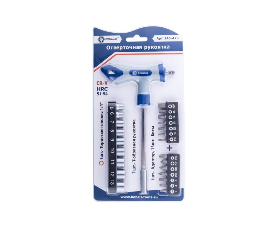 Отвертка рукоятка КОБАЛЬТ Т-образная с набором бит и торцевых головок 1/4