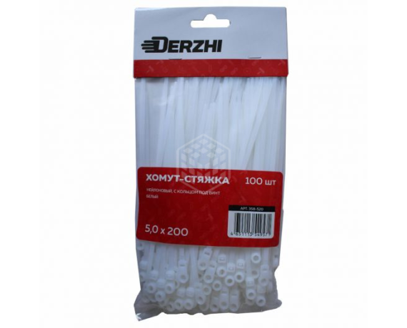 Хомут-стяжка DERZHI нейлоновые белые с кольцом под винт 5*200 358-520
