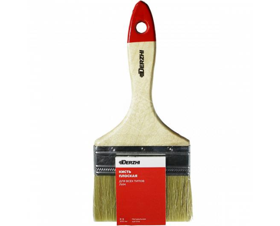 Кисть плоская DERZHI МАСТЕР, светлая натуральная щетина,деревянная ручка 100 мм 8103-100