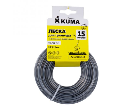 Леска для триммеров с нейлоновым сердечником квадрат KUMA 3,0 15м