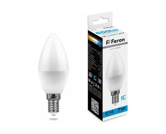 Лампа светодиодная FERON LB-97 16LED (7W) 230V Е14 6400K свеча дневной