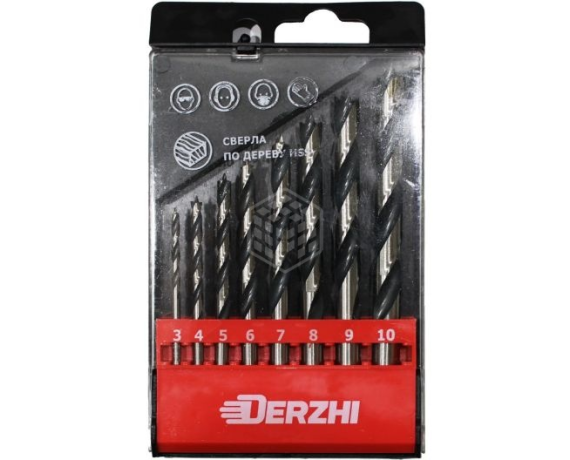 Сверло DERZHI по дереву спиральное в наборе 8 шт. (3-10) пласт.кор. 8305-005