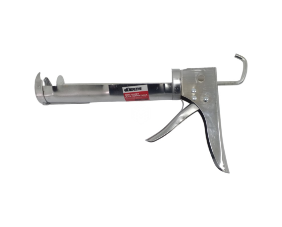 Пистолет для герметика DERZHI полукорпусной хром. 310 мл,зубчат.шток 7мм, 388640